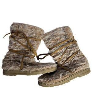 Lower East Side Wonens 11-12 Fuzzy Faux‎ Fur Winter Boots Lace Up Moccasin Style